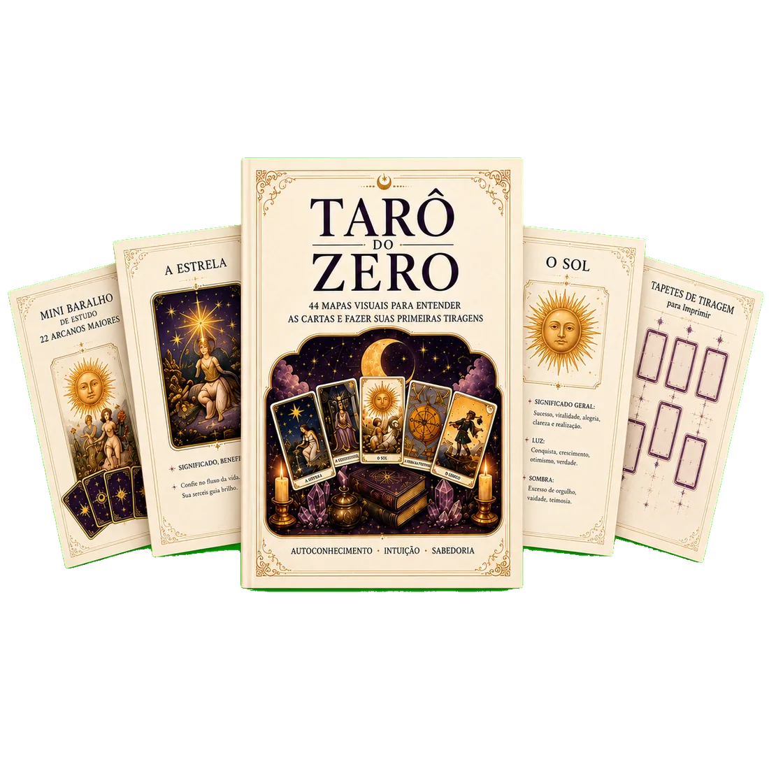 Mockup com todo o material do Tarô do Zero — mapas visuais, mini baralho, painel resumo e tapetes